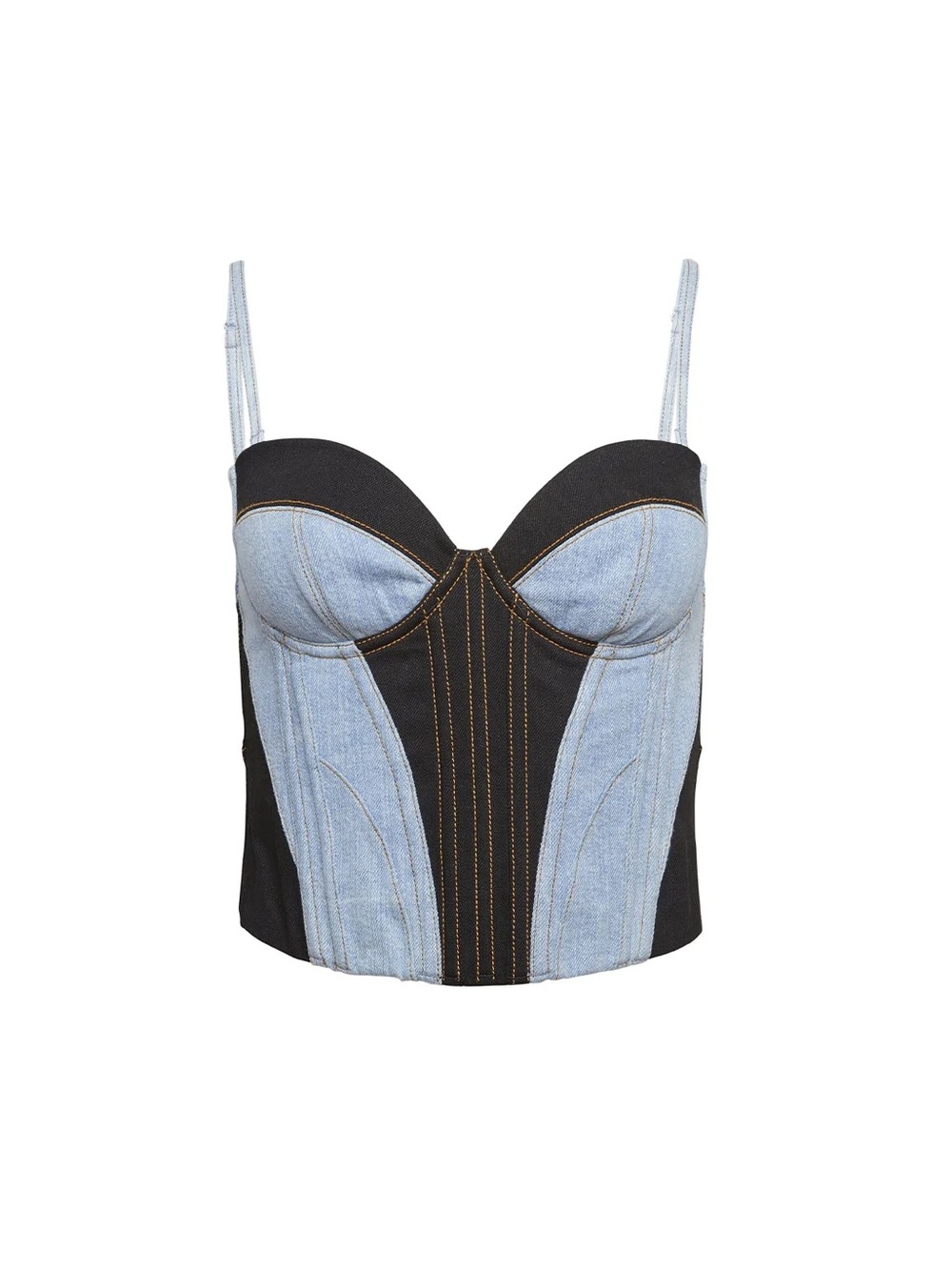 NWT Fleur du Mal Denim-Panel Black Bustier Crop Top - Women